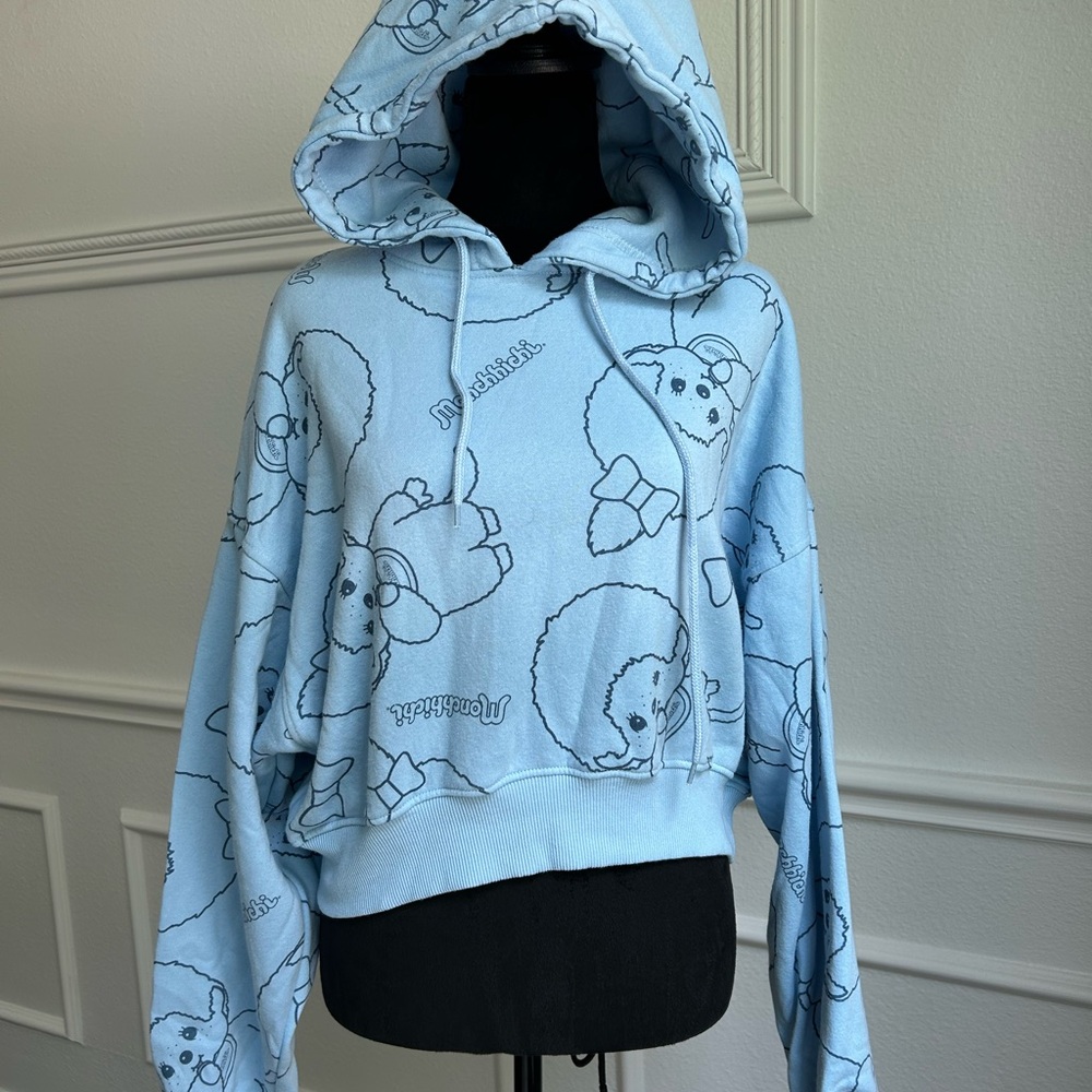 Monchhichi Cropped Light Blue Graphic Hoodie Baggy Sweater, Size XS